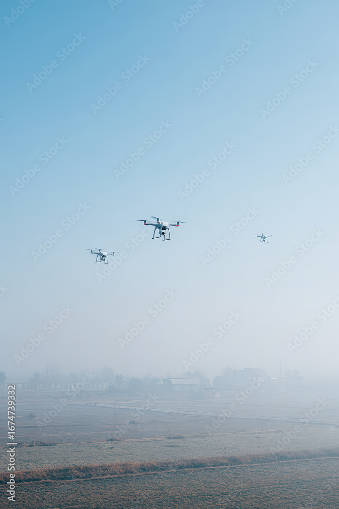 Obraz premium serene rural landscape featuring modern drones soaring through sky highlighting advanced technology and innovation