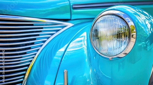Close up of light blue vintage car headlight