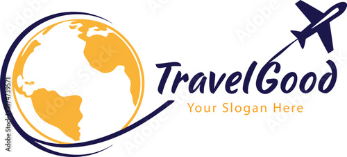 Global travel agency logo featuring a stylized globe and airplane with the text travelgood isolated on transparent background