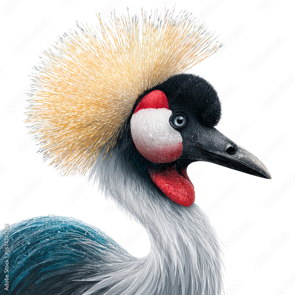 Fototapeta premium Png of close up portrait of a grey crowned crane isolated on transparent background, showcasing its elegant crest and colorful plumage in detail
