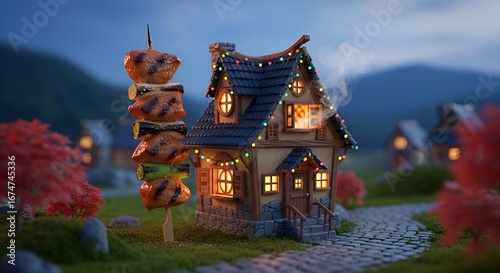 Cozy Little House with a Kebab Skewer in a Magical Landscape.