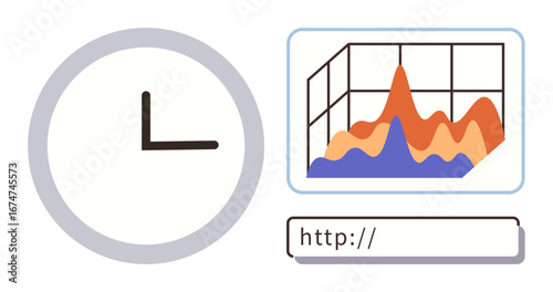 Clock, 3D line graph, and URL text field visualizing time tracking, data analysis, or website performance. Ideal for productivity, analytics, workflow, business strategy research remote work