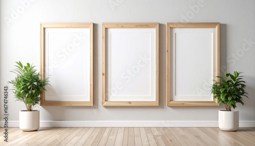 Three blank picture frames with wooden borders hang on a light gray wall  flanked by potted plants.