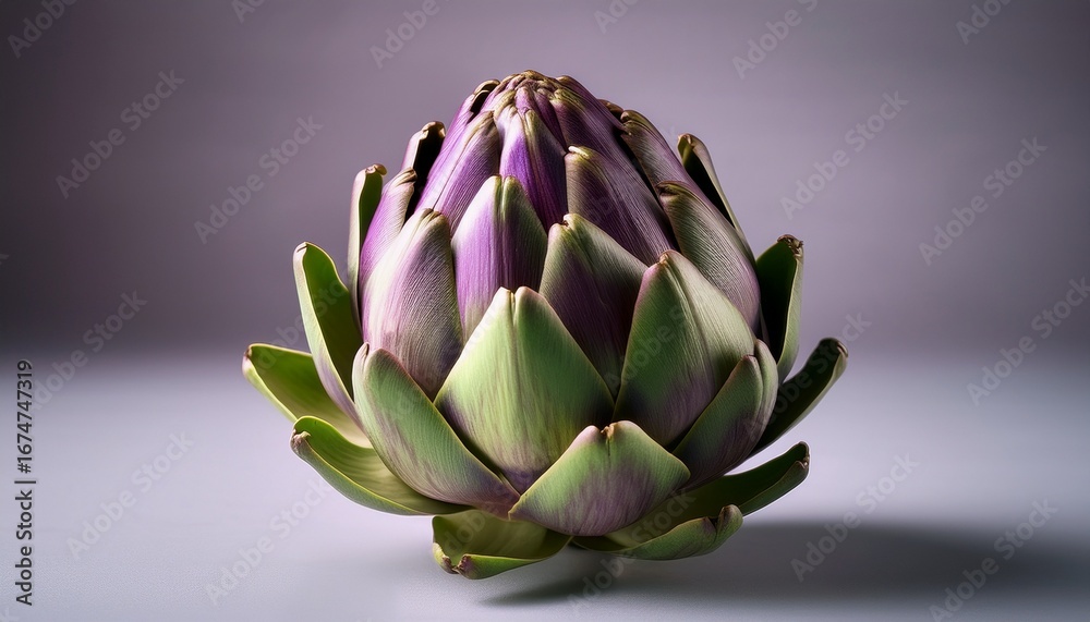 Fototapeta premium fresh and organic artichoke with green and purple hues on neutral background for culinary and agricultural inspiration