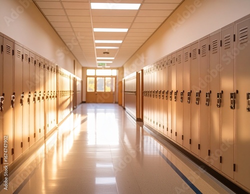 Sunlit school hallway with rows of lockers leading to an exit.