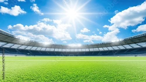 Empty soccer stadium on a sunny day with green grass