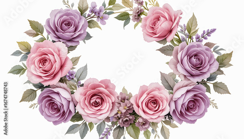 A beautiful watercolor wreath of pastel pink roses and lavender flowers on a clean white background.