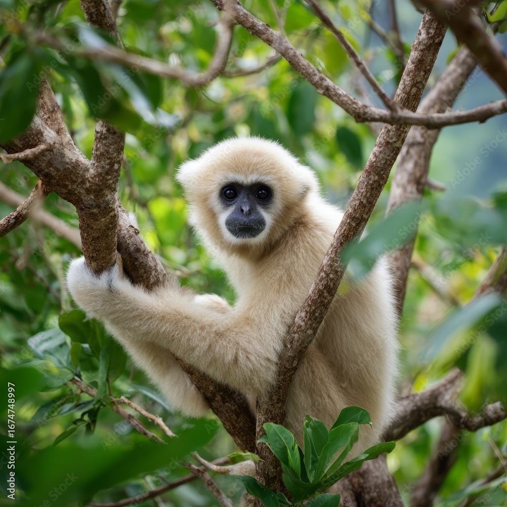 Fototapeta premium An adorable ape with a serene expression, seated on the branches of a tree, is captured in this close-up shot.