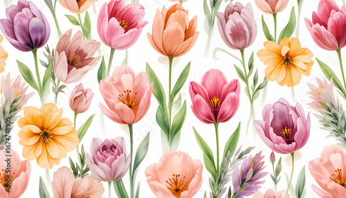 Elegant and artistic floral background featuring a repeating pattern of delicate watercolor tulips and leaves, perfect for fabric, wallpaper, or stationery.