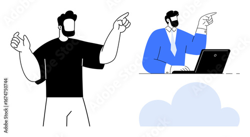 Two men, one presenting confidently and another working on a laptop, emphasizing teamwork and creativity. Ideal for collaboration, presentation, leadership, cloud technology, communication, remote