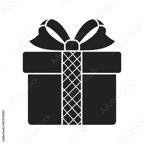Black gift box with ribbon and bow silhouette celebration present icon surprise package graphic