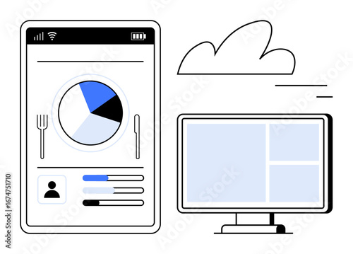 Tablet displaying nutrition pie chart with user profile and progress bars. Desktop monitor with grid layout. Cloud overhead. Ideal for tech, data analysis, cloud storage, modern UI, wellness apps