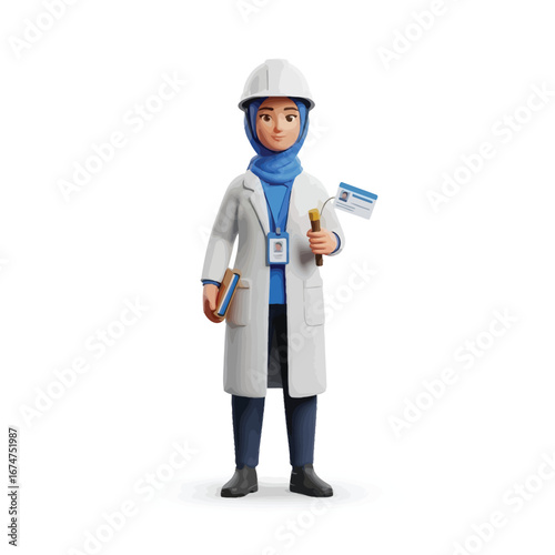 A 3D rendering of a professional Muslim woman wearing a hijab, hard hat, and lab coat, representing an engineer or scientist, isolated on a white background