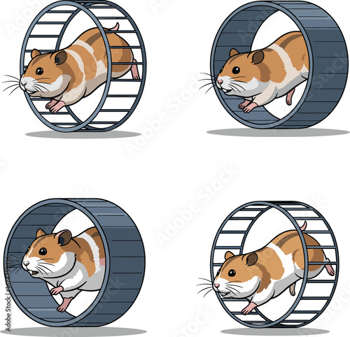 Hamster running wheel, brown white hamster motion sequence, pet exercise equipment, small animal activity, cute rodent workout, isolated vector illustration, cartoon style