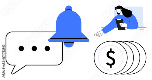 Message bubble, notification bell, person with clipboard, and dollar coins. Ideal for communication, finance, teamwork, notifications, digital platforms business ideas and a simple landing page