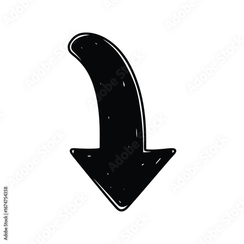 Black hand drawn arrow pointing down simple doodle design isolated on white background