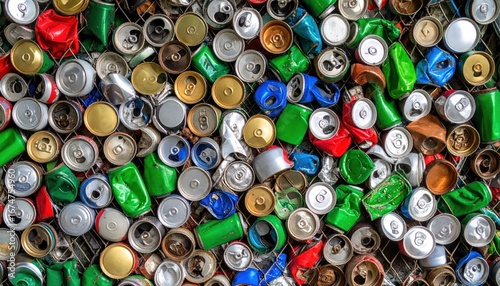 Recycled Aluminum Cans with Wall Texture, and Colorful Waste Material.
