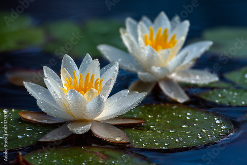 Wallpaper Mural Two White Lotus Flowers in a Pond with Dew Drops Torontodigital.ca