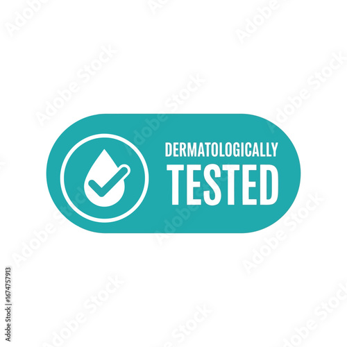 Dermatologically tested product label with droplet and checkmark, skin care tested icon