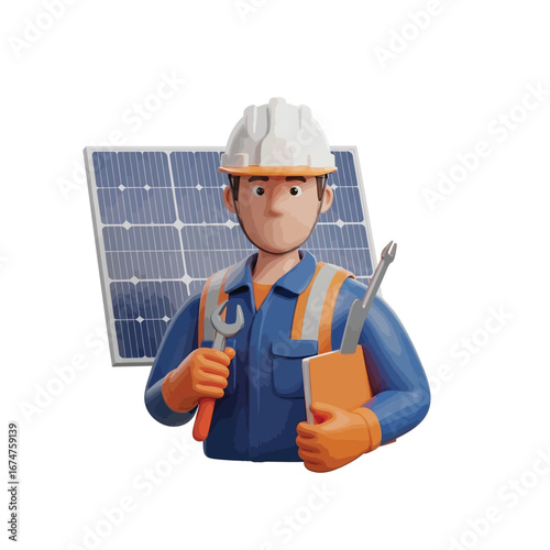 3D Solar Technician Cartoon Character with Tools and Panel
