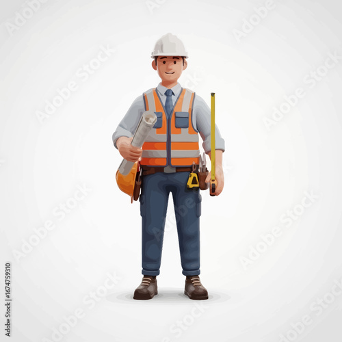 3D character of a male construction worker in safety gear, holding blueprints and measuring tools, ready for building and engineering projects