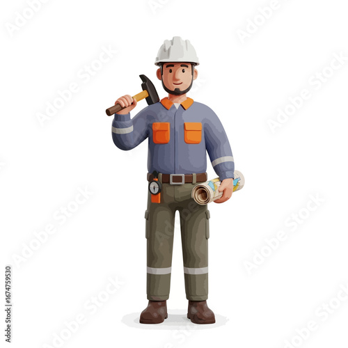 Construction worker holding a blueprint and a hammer isolated on white background