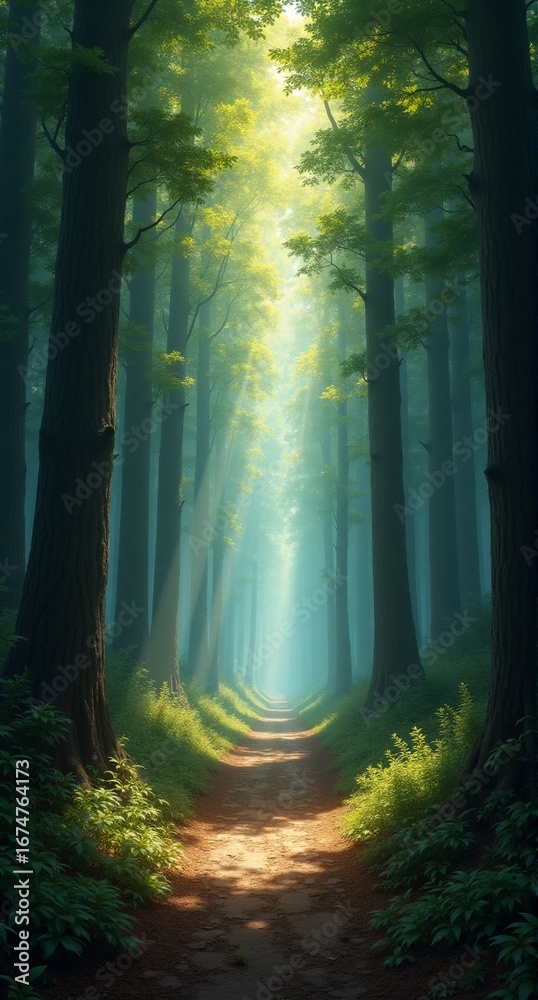 Obraz premium A serene forest path winds through towering trees, illuminated by ethereal sun rays piercing the lush green canopy, creating a mystical atmosphere.