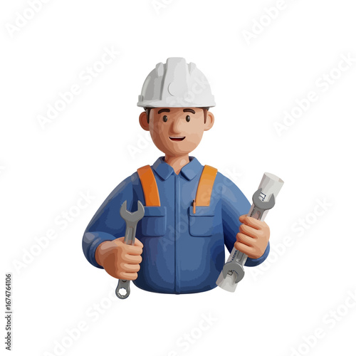 3D Render of a Smiling Construction Worker Holding Wrenches on a White Background