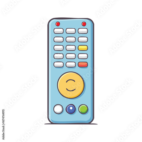 A fun, illustrated cartoon remote control, with colorful buttons and a smiley face 