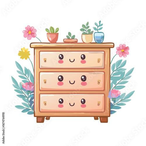 A charming cartoon illustration of a smiling chest of drawers, adorned with potted plants and floral decorations. This inviting scene evokes a sense of warmth and comfort.