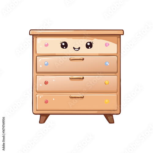 A cute cartoon chest of drawers with a smiling face, featuring four drawers and colorful details