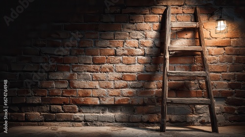 Wooden ladder resting against a brick wall with an old paint can on a step in a dimly lit room