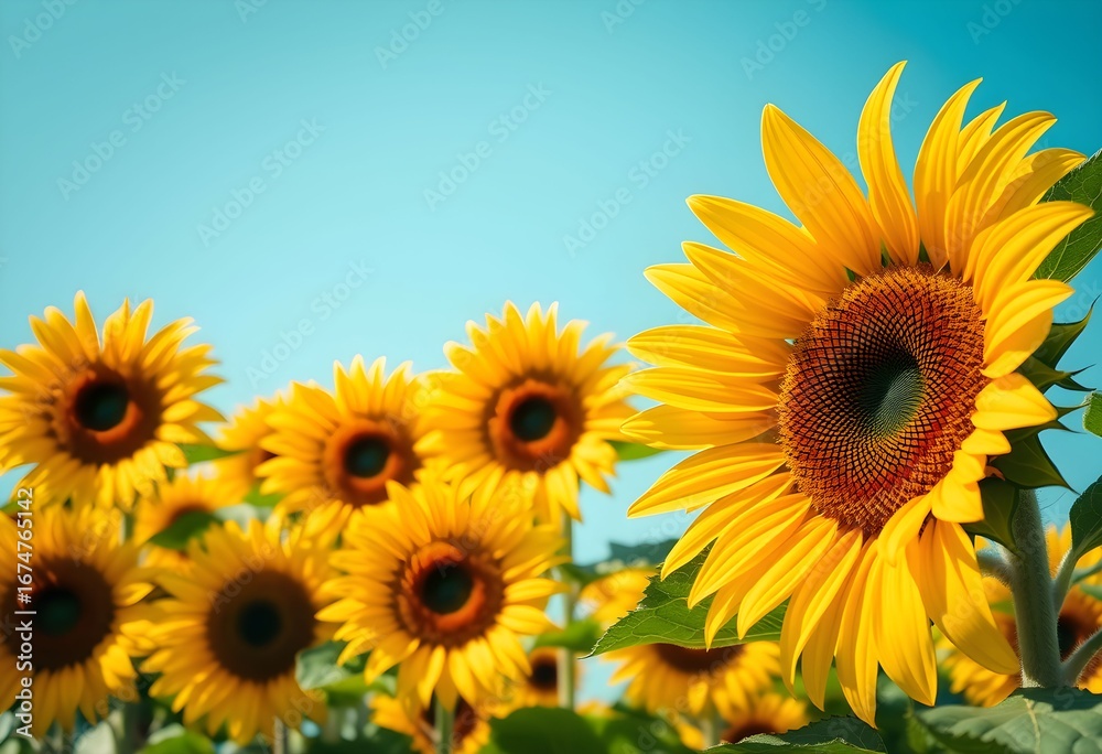 Fototapeta premium Bright sunflowers in a field against a vibrant blue sky.