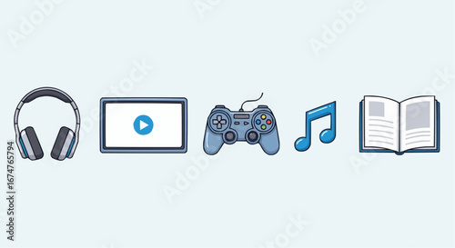 Aviation vector object and icon entertainment media icons vector illustration of headphones tablet controller music book for leisure time