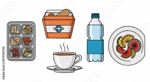 Aviation vector object and icon airplane meal food tray airline travel lunch box water bottle coffee fruit plate catering service concept