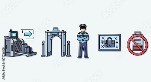 Aviation vector object and icon airport security checkpoint with scanner metal detector and officer for travel safety check process