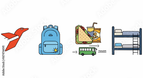 Aviation vector object and icon explore summer camp with travel bird, backpack, snack, bus transfer, and bunk bed for kids adventure
