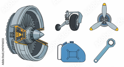 Aviation vector object and icon explore aircraft engine parts and components including propeller landing gear and fuel can illustration