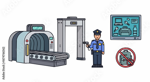 Aviation vector object and icon airport security checkpoint with scanner, metal detector and officer for travel safety and regulations