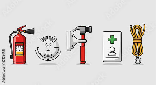 Aviation vector object and icon safety equipment and tools vector illustration fire extinguisher smoke detector hammer first aid rope hook
