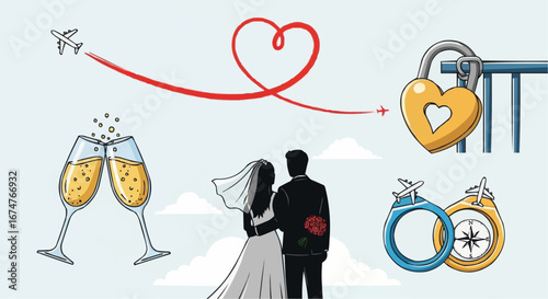 Aviation vector object and icon destination wedding honeymoon travel concept illustration for romantic getaway and love celebration