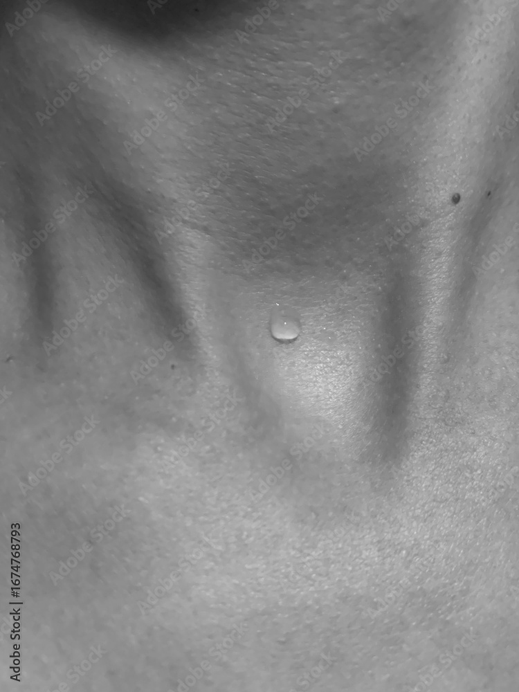 Fototapeta premium A drop of water on the body. Black and white photo of the neck. Body aesthetics. 