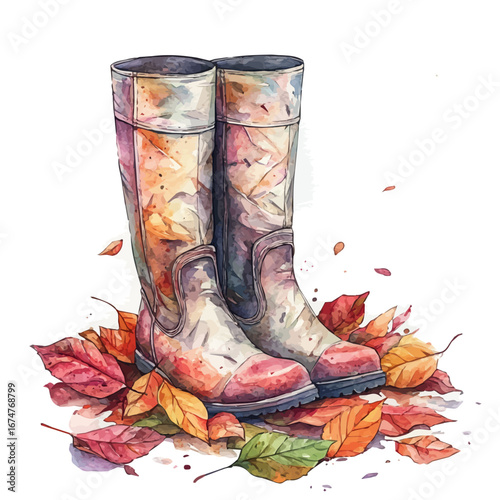 Warm Boots Crunch Leaves, watercolor vector, isolated on a white background.