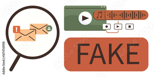 Magnifying glass over emails with alert, multimedia and fake label emphasize misinformation and digital fraud. Ideal for online safety, cybersecurity, fake news, phishing awareness, digital trust