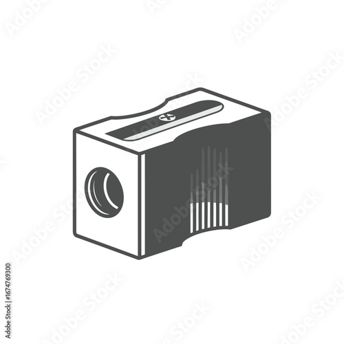 Black and white vector illustration of a rectangular manual pencil sharpener with a single hole and textured side.