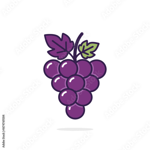 Illustration of a bunch of purple grapes with green leaves, isolated on white.