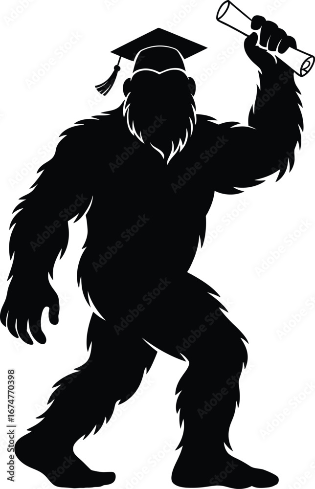 Fototapeta premium Bigfoot Graduate Silhouette – Sasquatch Graduation Cap and Diploma Symbol
