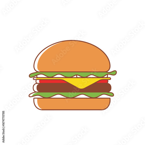 A detailed illustration of a delicious burger with multiple layers of ingredients, ready to eat.