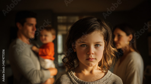 Emotional family moment highlighting a young girl while parents have an argument in a dimly lit room