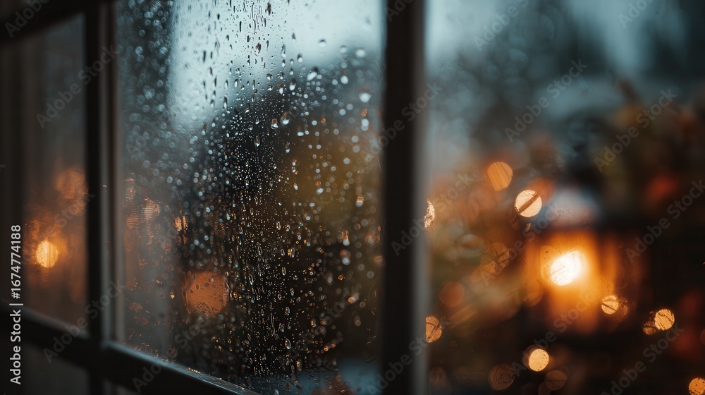 Fototapeta premium Rainy evening view through a window with blurred street lights in the background creating a cozy atmosphere
